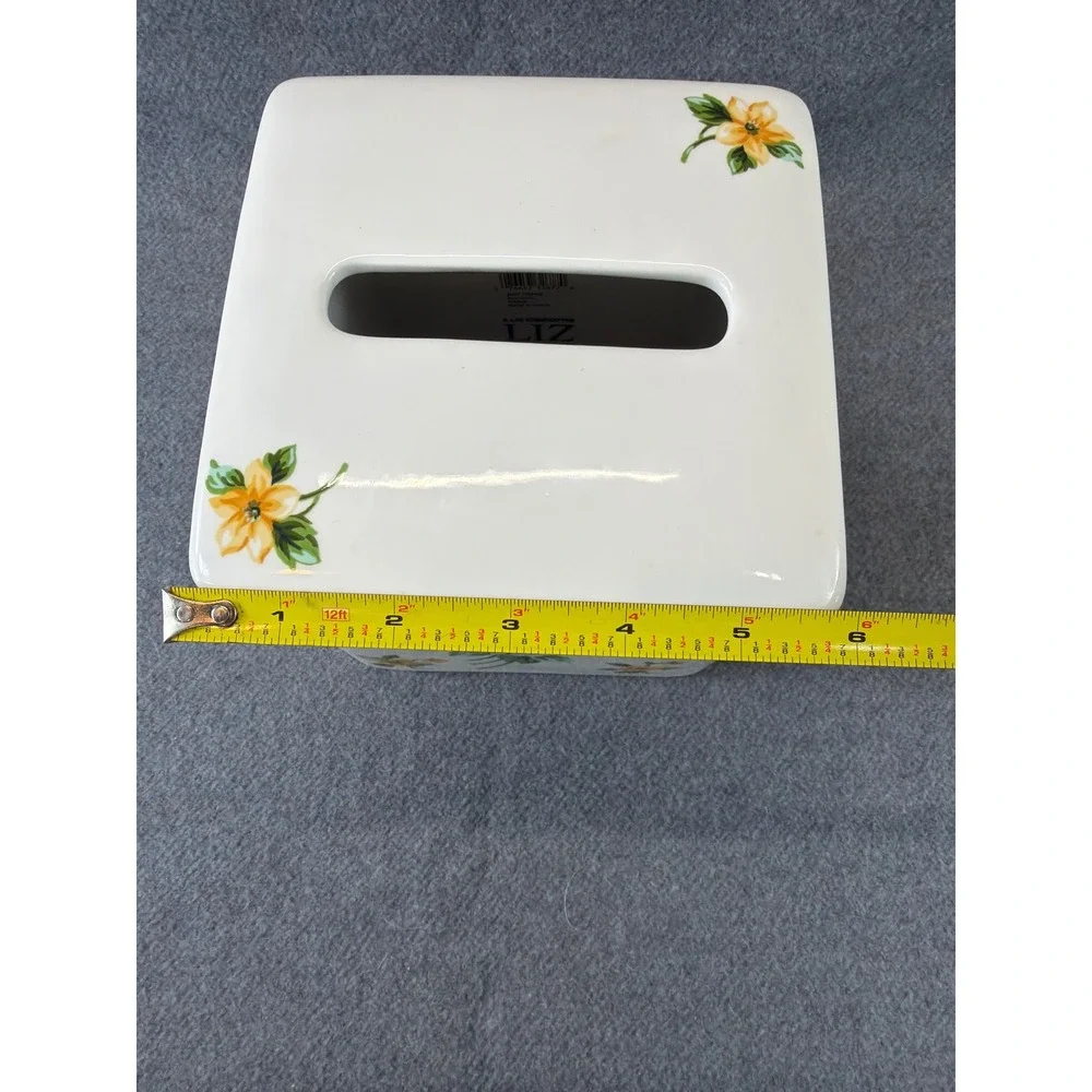 Liz Claiborne Just Picked Tissue Box Cover White‎ Blue Yellow Floral Ceramic VTG